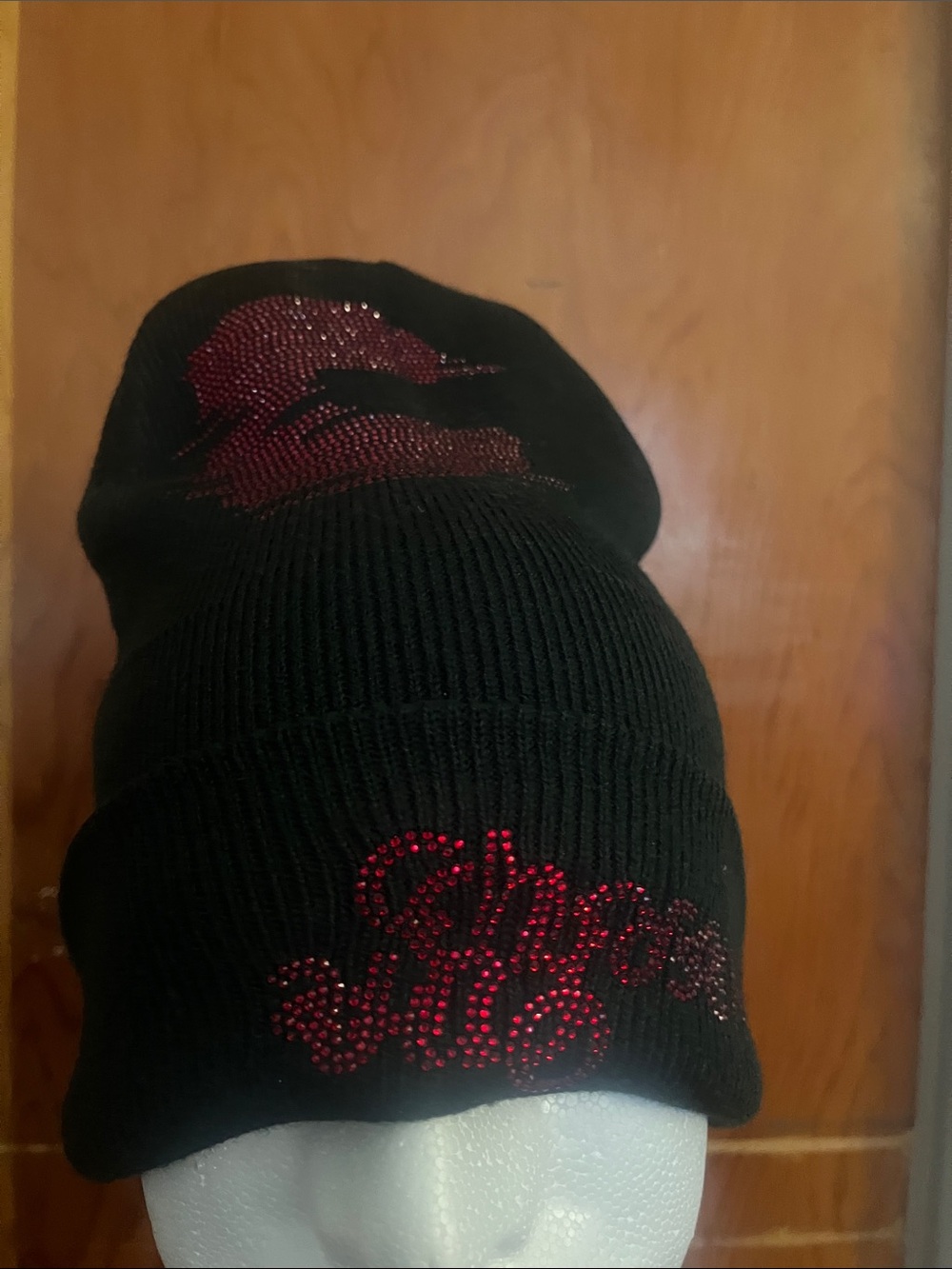 Black Beanie Hat with Red Crystal Accent